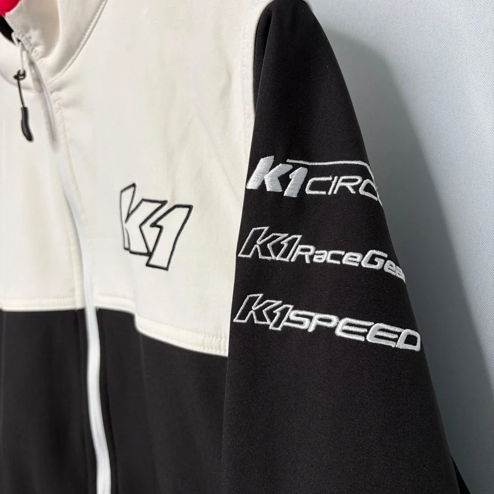 K1 Speed Racing Men Medium Softshell Jacket Black White Embroidered Sponsor Logo